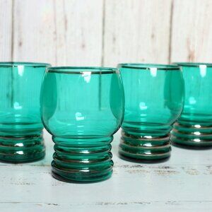 Vintage Art Deco Green Glasses Set Platinum Silver Tumblers Stemless